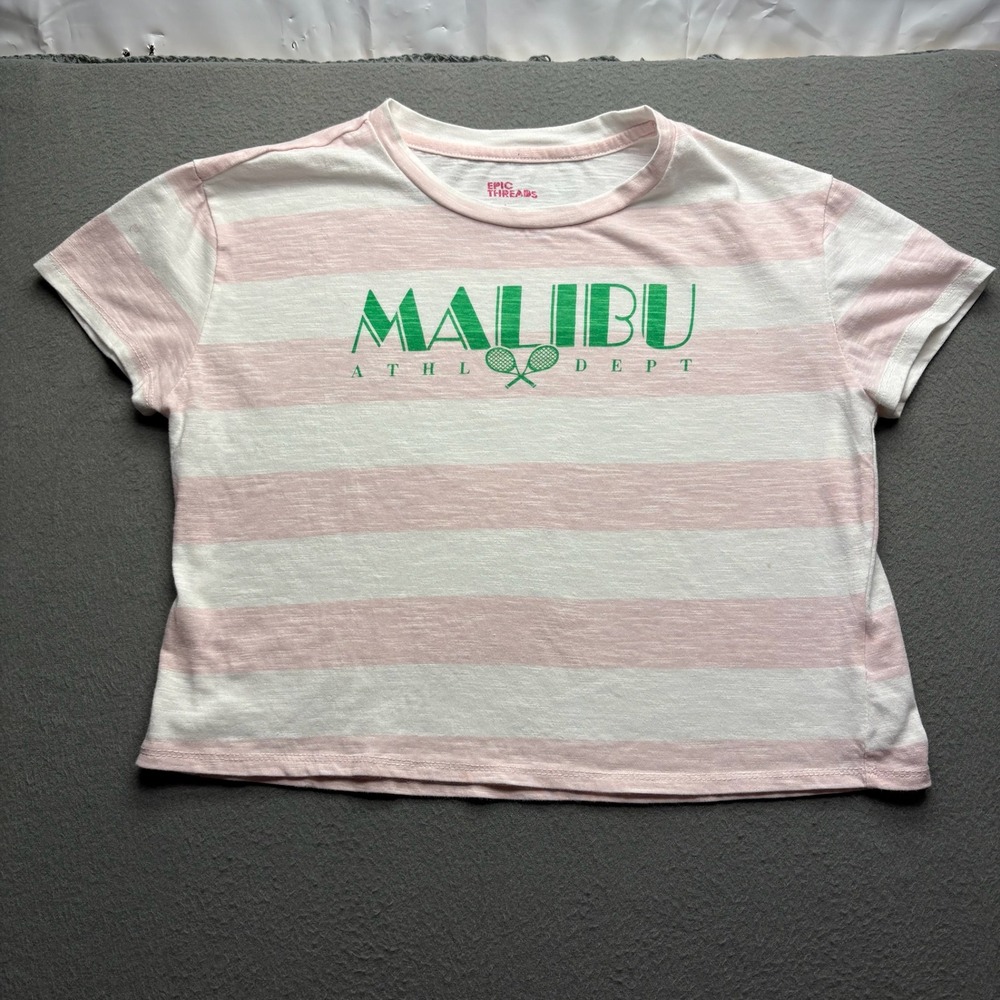 Epic Threads Girls T-Shirt Cotton Blend Pink Striped Large Malibu Sporty Boxy‎